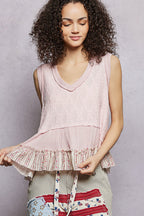 POL Textured Tank Top Floral Lace Cotton V-Neck Ruffle Hem Sleeveless Blouse