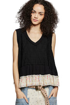 POL Black Cotton Tank Top V-Neck Sleeveless Floral Ruffle Layered Boho Top