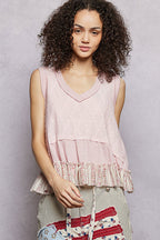 POL Textured Tank Top Floral Lace Cotton V-Neck Ruffle Hem Sleeveless Blouse