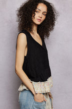 POL Black Cotton Tank Top V-Neck Sleeveless Floral Ruffle Layered Boho Top