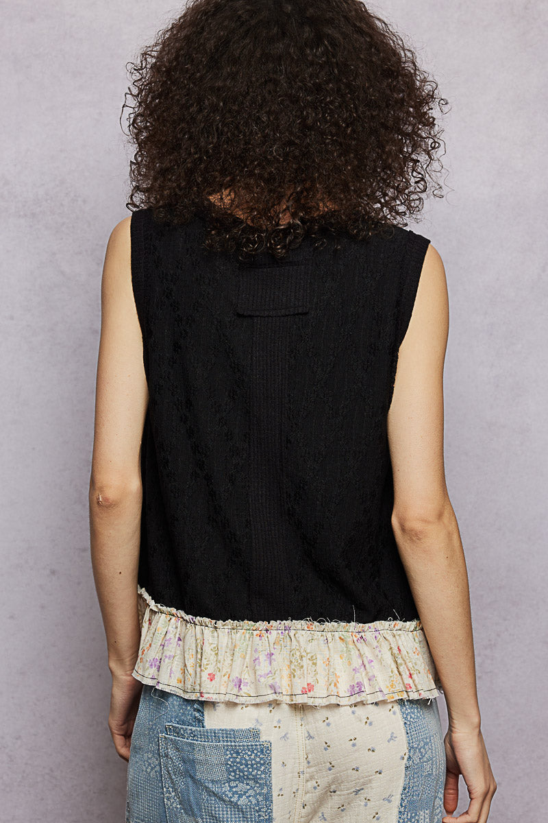 POL Black Cotton Tank Top V-Neck Sleeveless Floral Ruffle Layered Boho Top