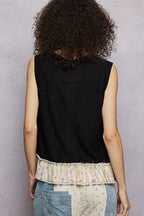 POL Black Cotton Tank Top V-Neck Sleeveless Floral Ruffle Layered Boho Top