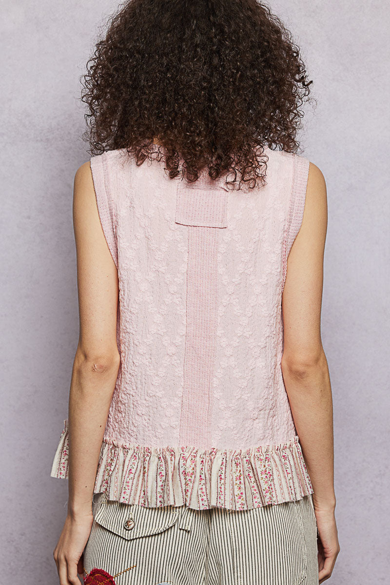 POL Textured Tank Top Floral Lace Cotton V-Neck Ruffle Hem Sleeveless Blouse