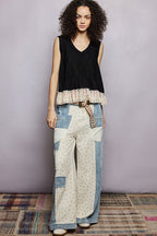 POL Black Cotton Tank Top V-Neck Sleeveless Floral Ruffle Layered Boho Top
