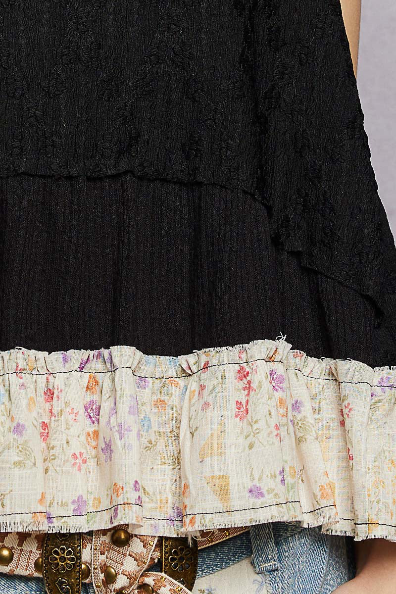 POL Black Cotton Tank Top V-Neck Sleeveless Floral Ruffle Layered Boho Top