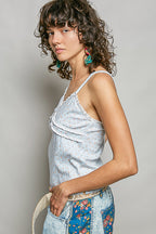 POL Floral Cami Top V-Neck Lace Trim Sleeveless Rib Knit Sky Blue Ruffle Tank
