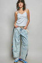 POL Floral Cami Top V-Neck Lace Trim Sleeveless Rib Knit Sky Blue Ruffle Tank