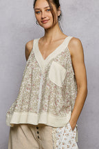 POL Floral Sleeveless Blouse V-Neck Trim Loose Ruffle Casual Tank Top Cream