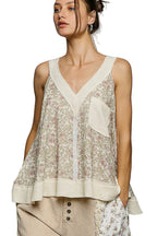 POL Floral Sleeveless Blouse V-Neck Trim Loose Ruffle Casual Tank Top Cream