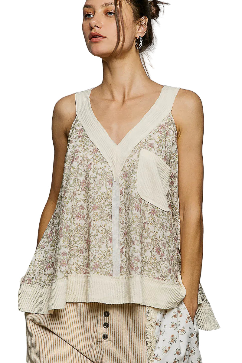 POL Floral Sleeveless Blouse V-Neck Trim Loose Ruffle Casual Tank Top Cream