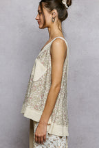 POL Floral Sleeveless Blouse V-Neck Trim Loose Ruffle Casual Tank Top Cream
