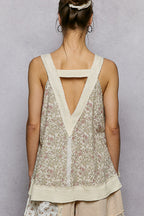 POL Floral Sleeveless Blouse V-Neck Trim Loose Ruffle Casual Tank Top Cream