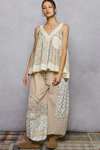 POL Floral Sleeveless Blouse V-Neck Trim Loose Ruffle Casual Tank Top Cream