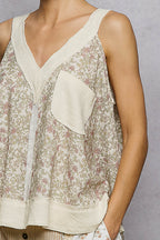 POL Floral Sleeveless Blouse V-Neck Trim Loose Ruffle Casual Tank Top Cream