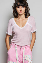 POL Textured T-shirt Casual V-Neck Lace Trim Short Sleeve Pink Top