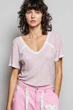 POL Textured T-shirt Casual V-Neck Lace Trim Short Sleeve Pink Top