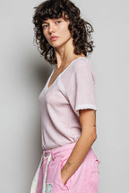 POL Textured T-shirt Casual V-Neck Lace Trim Short Sleeve Pink Top