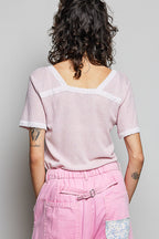 POL Textured T-shirt Casual V-Neck Lace Trim Short Sleeve Pink Top