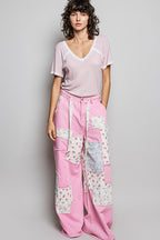 POL Textured T-shirt Casual V-Neck Lace Trim Short Sleeve Pink Top