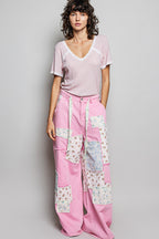 POL Textured T-shirt Casual V-Neck Lace Trim Short Sleeve Pink Top