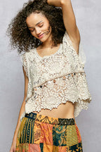 POL Crochet Tank Top Floral Lace V-Neck  Boho Sleeveless Tassel Shell Blouse