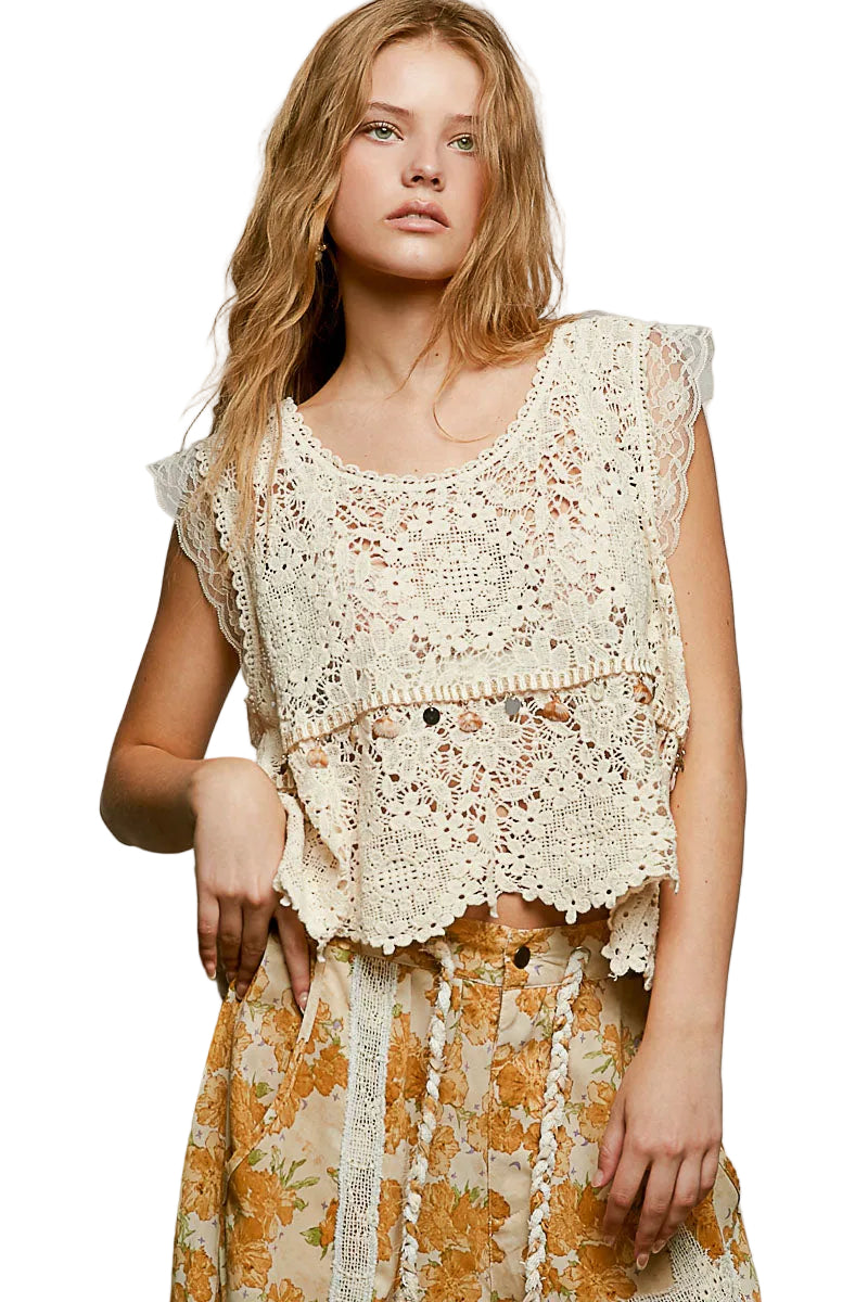 POL Crochet Tank Top Floral Lace V-Neck  Boho Sleeveless Tassel Shell Blouse