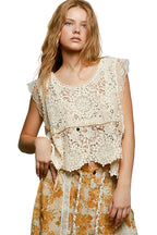 POL Crochet Tank Top Floral Lace V-Neck  Boho Sleeveless Tassel Shell Blouse