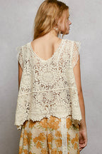 POL Crochet Tank Top Floral Lace V-Neck  Boho Sleeveless Tassel Shell Blouse