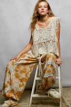 POL Crochet Tank Top Floral Lace V-Neck  Boho Sleeveless Tassel Shell Blouse