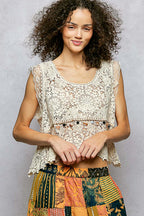 POL Crochet Tank Top Floral Lace V-Neck  Boho Sleeveless Tassel Shell Blouse