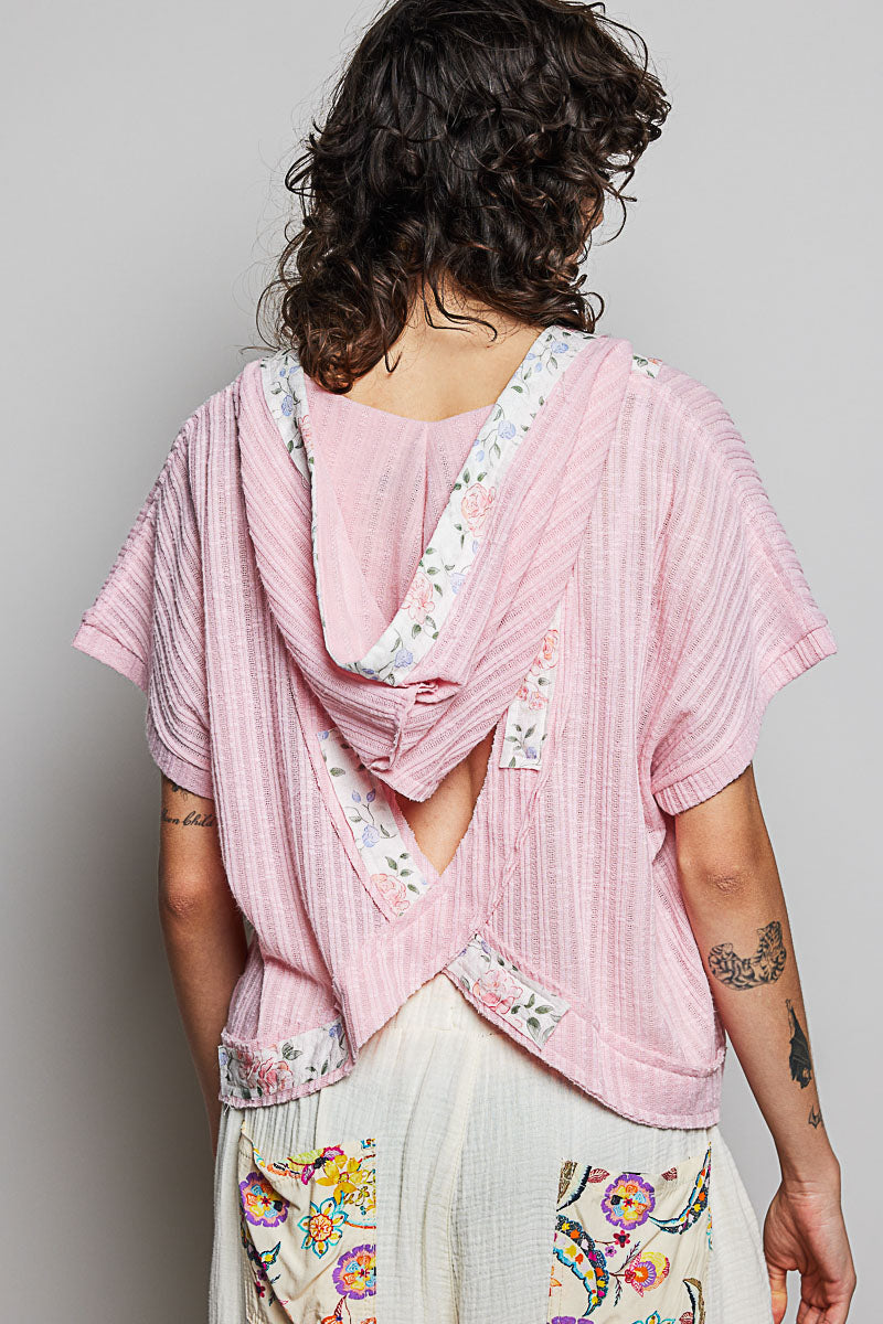 POL Hooded Rib Blouse V-Neck Floral Trim Pink Short Sleeve Loose Casual Top