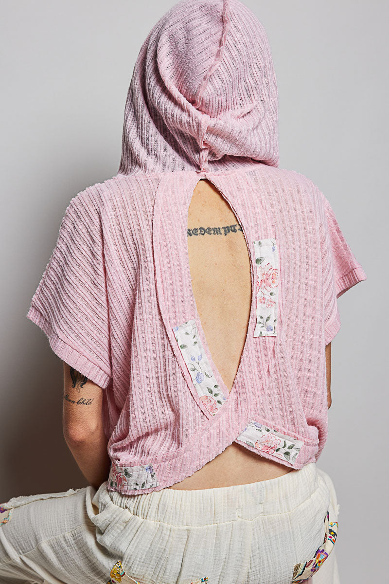 POL Hooded Rib Blouse V-Neck Floral Trim Pink Short Sleeve Loose Casual Top