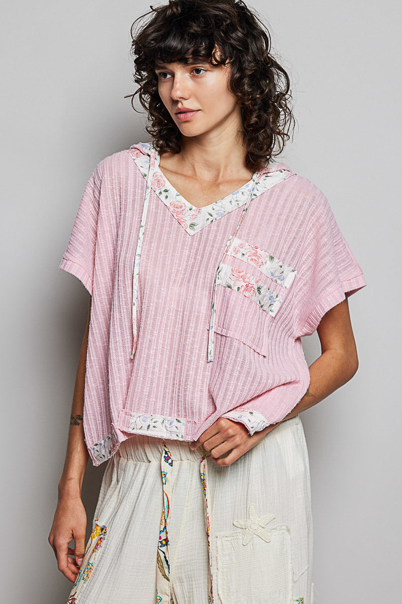 POL Hooded Rib Blouse V-Neck Floral Trim Pink Short Sleeve Loose Casual Top