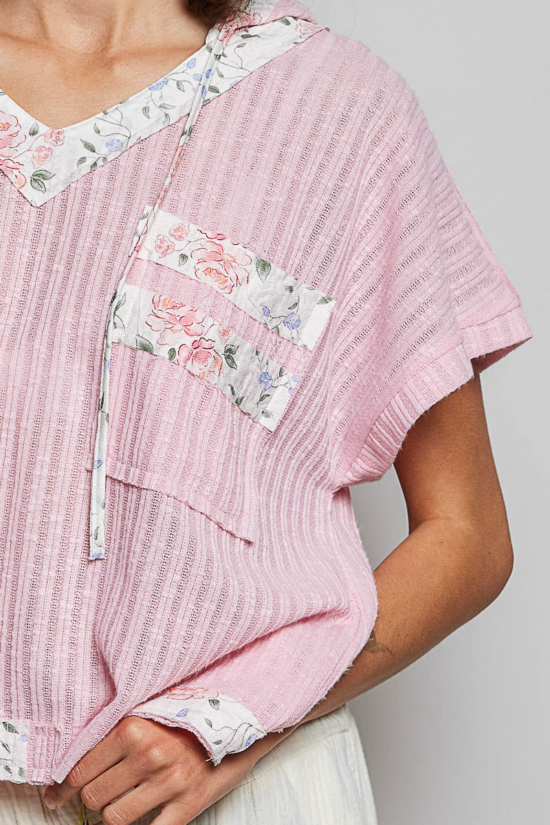POL Hooded Rib Blouse V-Neck Floral Trim Pink Short Sleeve Loose Casual Top