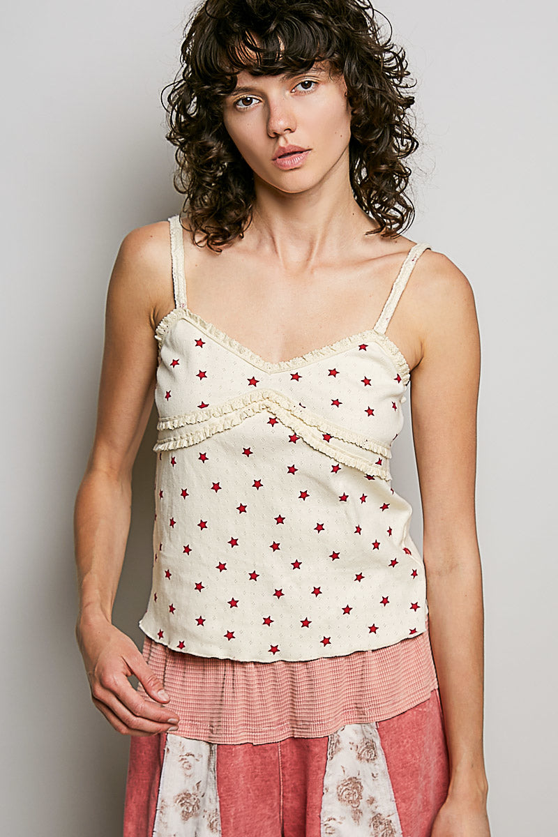 POL Cami Top Star Printed V-Neck Floral Lace Ruffle Lightweight Rib Knit Tank