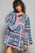 POL Mini Dress Casual Cotton Floral Stripe Mix Blue V-Neck Ruffle Loose
