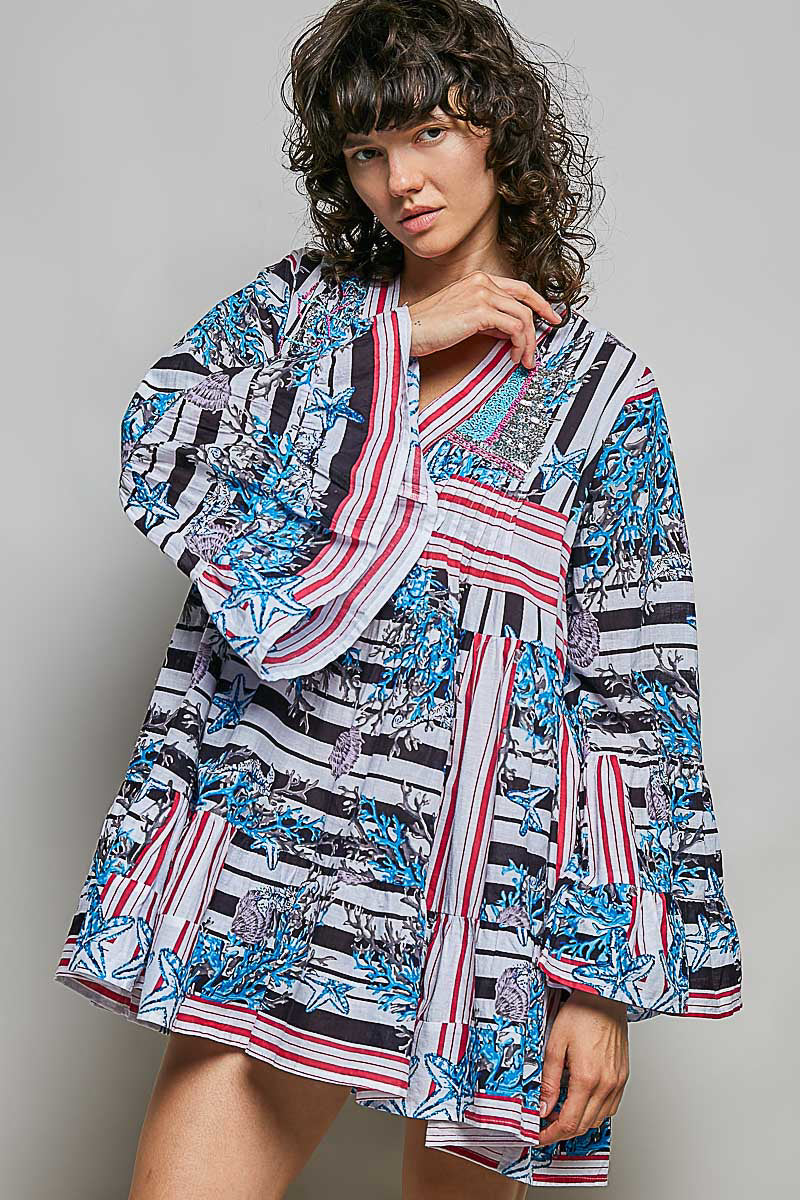 POL Mini Dress Casual Cotton Floral Stripe Mix Blue V-Neck Ruffle Loose