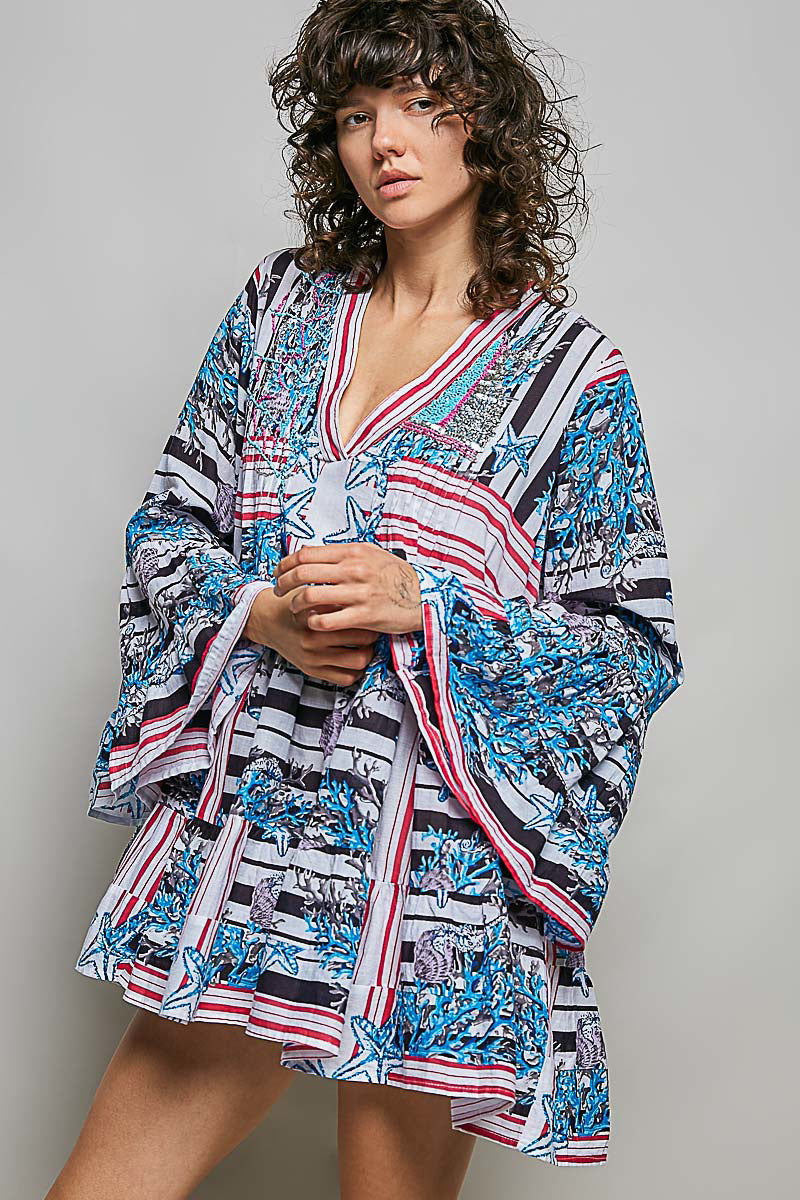 POL Mini Dress Casual Cotton Floral Stripe Mix Blue V-Neck Ruffle Loose