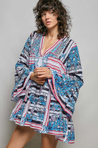 POL Mini Dress Casual Cotton Floral Stripe Mix Blue V-Neck Ruffle Loose