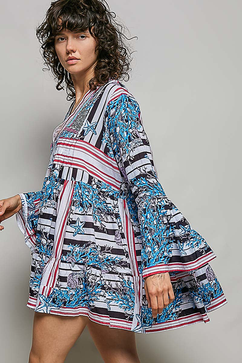 POL Mini Dress Casual Cotton Floral Stripe Mix Blue V-Neck Ruffle Loose