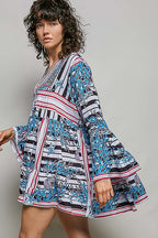 POL Mini Dress Casual Cotton Floral Stripe Mix Blue V-Neck Ruffle Loose