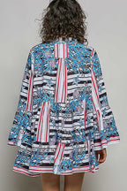 POL Mini Dress Casual Cotton Floral Stripe Mix Blue V-Neck Ruffle Loose