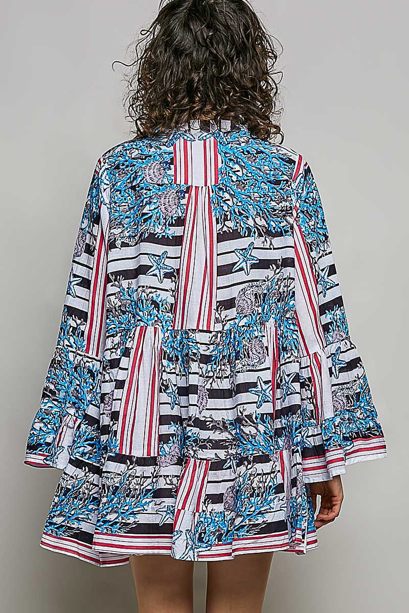 POL Mini Dress Casual Cotton Floral Stripe Mix Blue V-Neck Ruffle Loose