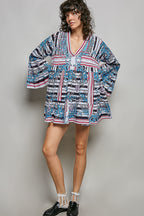 POL Mini Dress Casual Cotton Floral Stripe Mix Blue V-Neck Ruffle Loose