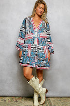 POL Mini Dress Casual Cotton Floral Stripe Mix Blue V-Neck Ruffle Loose