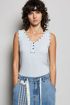 POL Sleeveless Blouse Heart Studded Trim Button-Front Ruffle Tank Casual Top