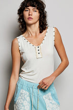 POL Sleeveless Blouse V-Neck Button Heart Studded Trim Cream Tank Casual Top