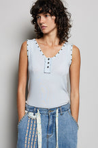 POL Sleeveless Blouse Heart Studded Trim Button-Front Ruffle Tank Casual Top