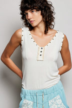 POL Sleeveless Blouse V-Neck Button Heart Studded Trim Cream Tank Casual Top