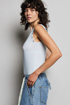 POL Sleeveless Blouse Heart Studded Trim Button-Front Ruffle Tank Casual Top